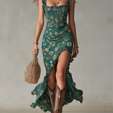 Boho Retro Ruffled Sleeves High Slit Maxi Dress