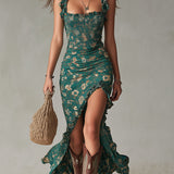 Boho Retro Ruffled Sleeves High Slit Maxi Dress