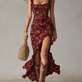 Boho Retro Ruffled Sleeves High Slit Maxi Dress