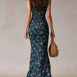 Boho Retro Ruffled Sleeves High Slit Maxi Dress