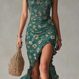 Boho Retro Ruffled Sleeves High Slit Maxi Dress