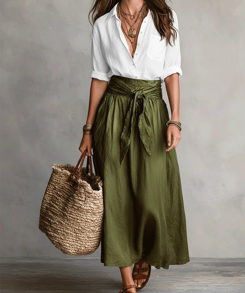 RIVER | Two-Piece Set: Black Top and Olive Green Midi Skirt