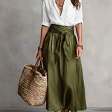 RIVER | Two-Piece Set: Black Top and Olive Green Midi Skirt