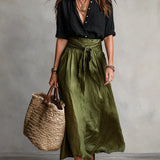 RIVER | Two-Piece Set: Black Top and Olive Green Midi Skirt