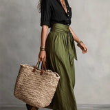 RIVER | Two-Piece Set: Black Top and Olive Green Midi Skirt