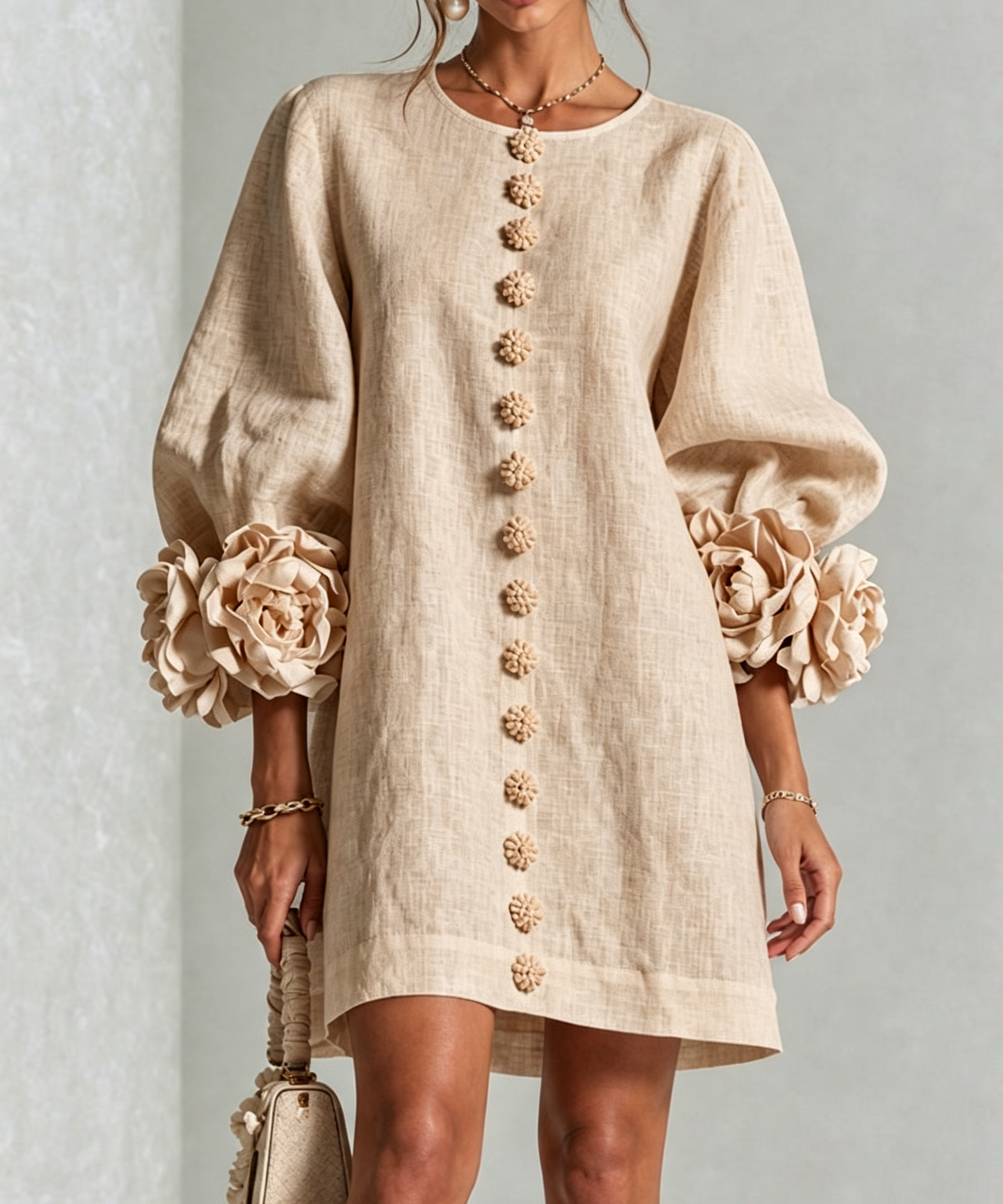 White Floral Button-down Mini Dress With Striking Floral Cuffs