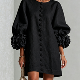 White Floral Button-down Mini Dress With Striking Floral Cuffs
