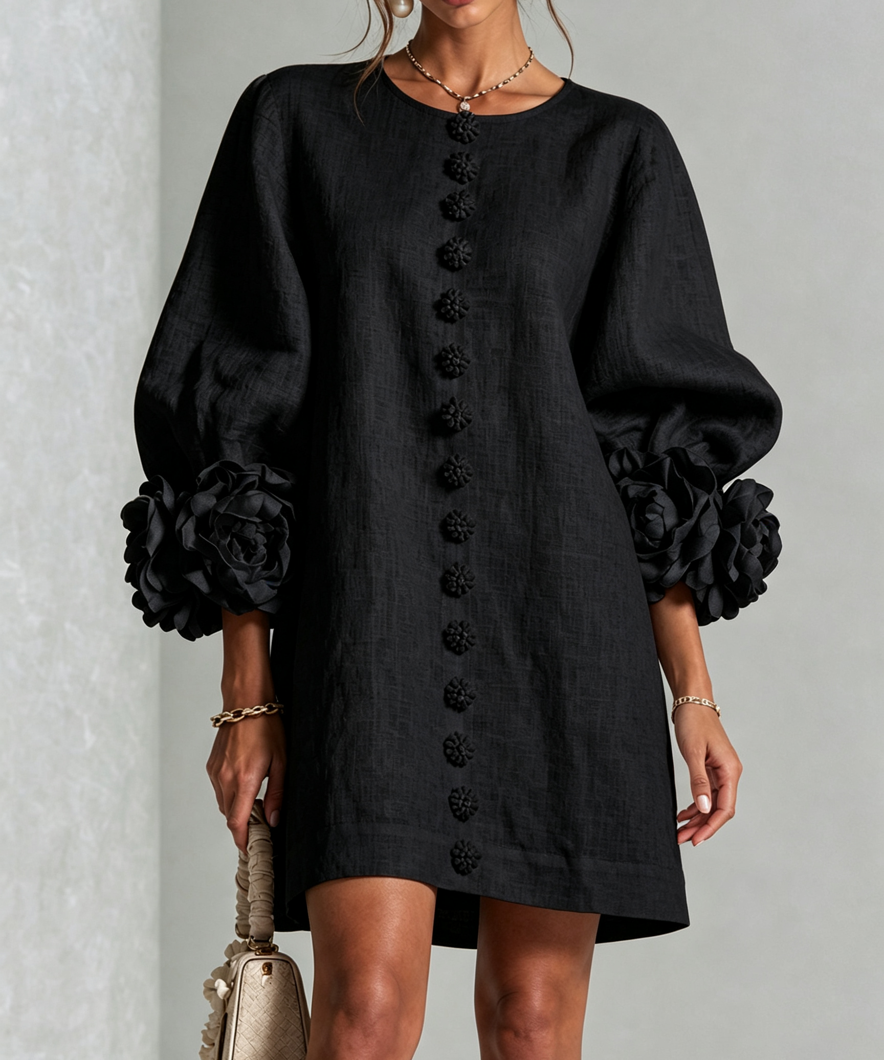White Floral Button-down Mini Dress With Striking Floral Cuffs