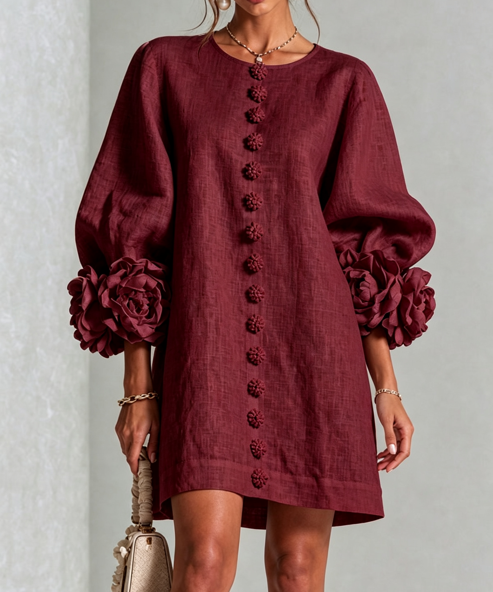 White Floral Button-down Mini Dress With Striking Floral Cuffs