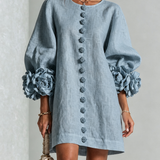White Floral Button-down Mini Dress With Striking Floral Cuffs