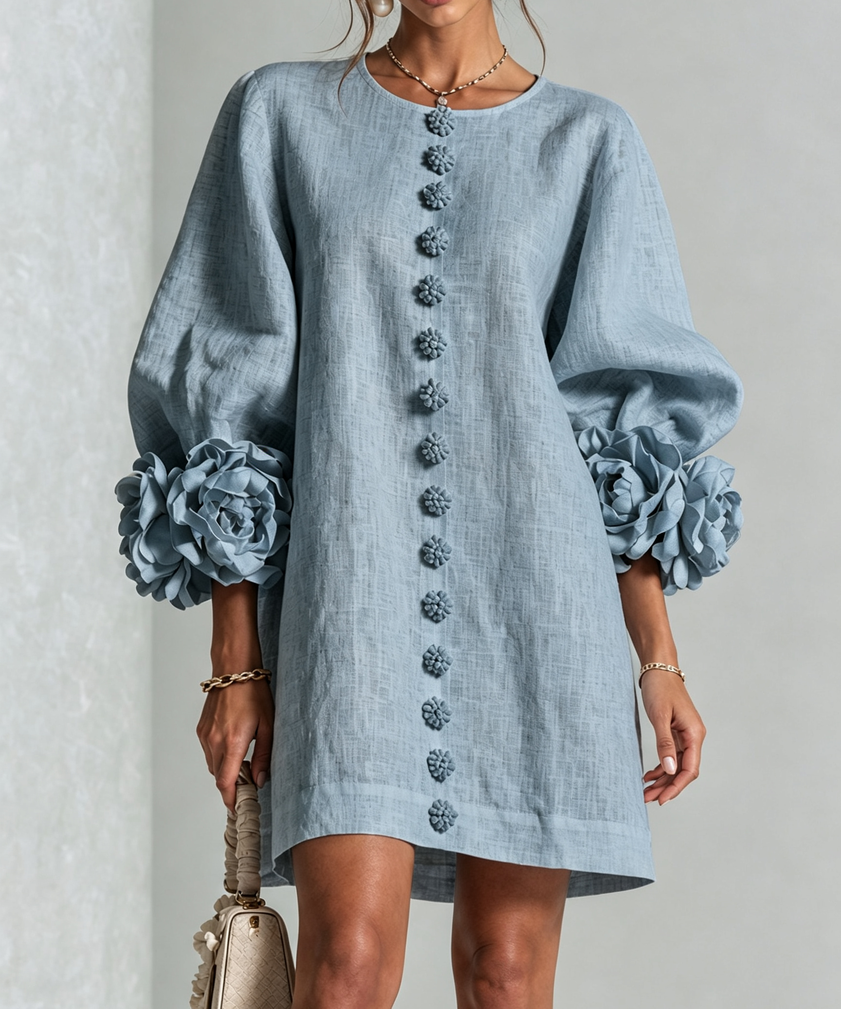 White Floral Button-down Mini Dress With Striking Floral Cuffs