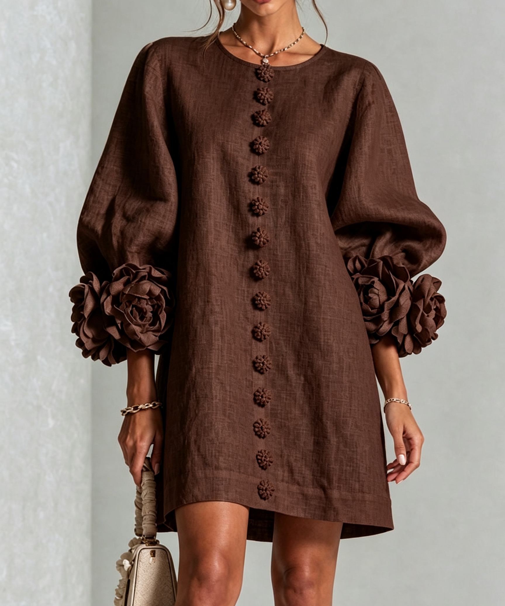 White Floral Button-down Mini Dress With Striking Floral Cuffs