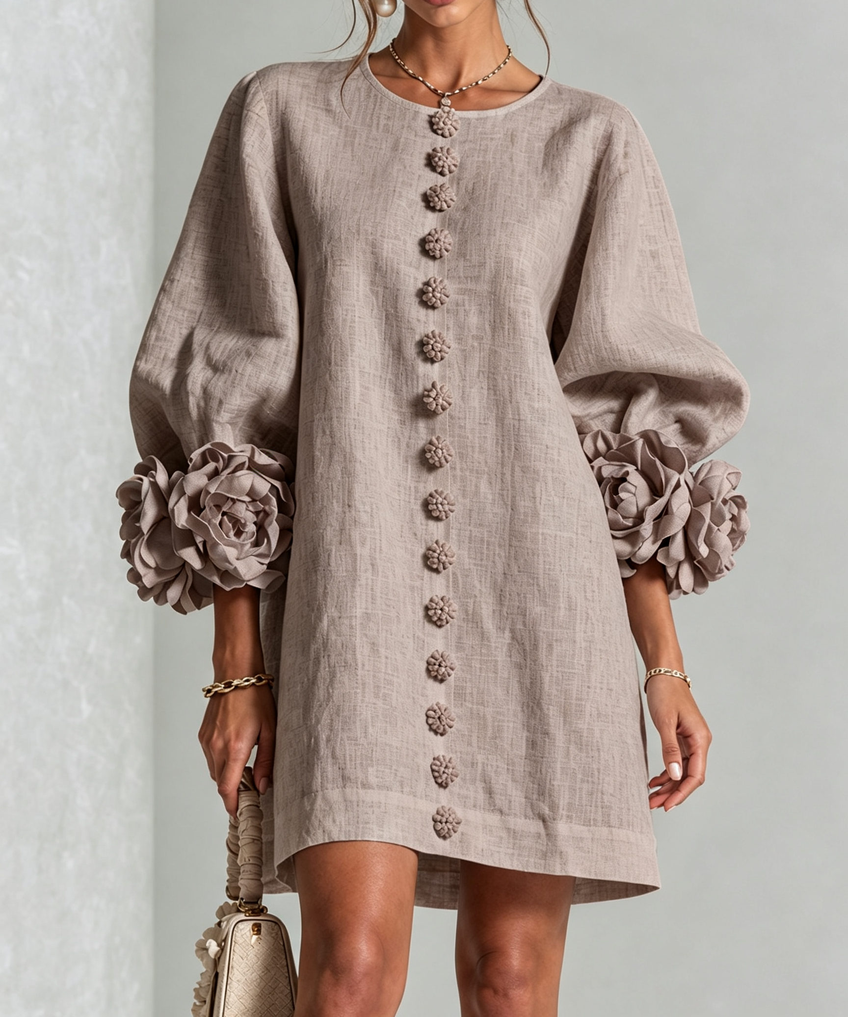 White Floral Button-down Mini Dress With Striking Floral Cuffs