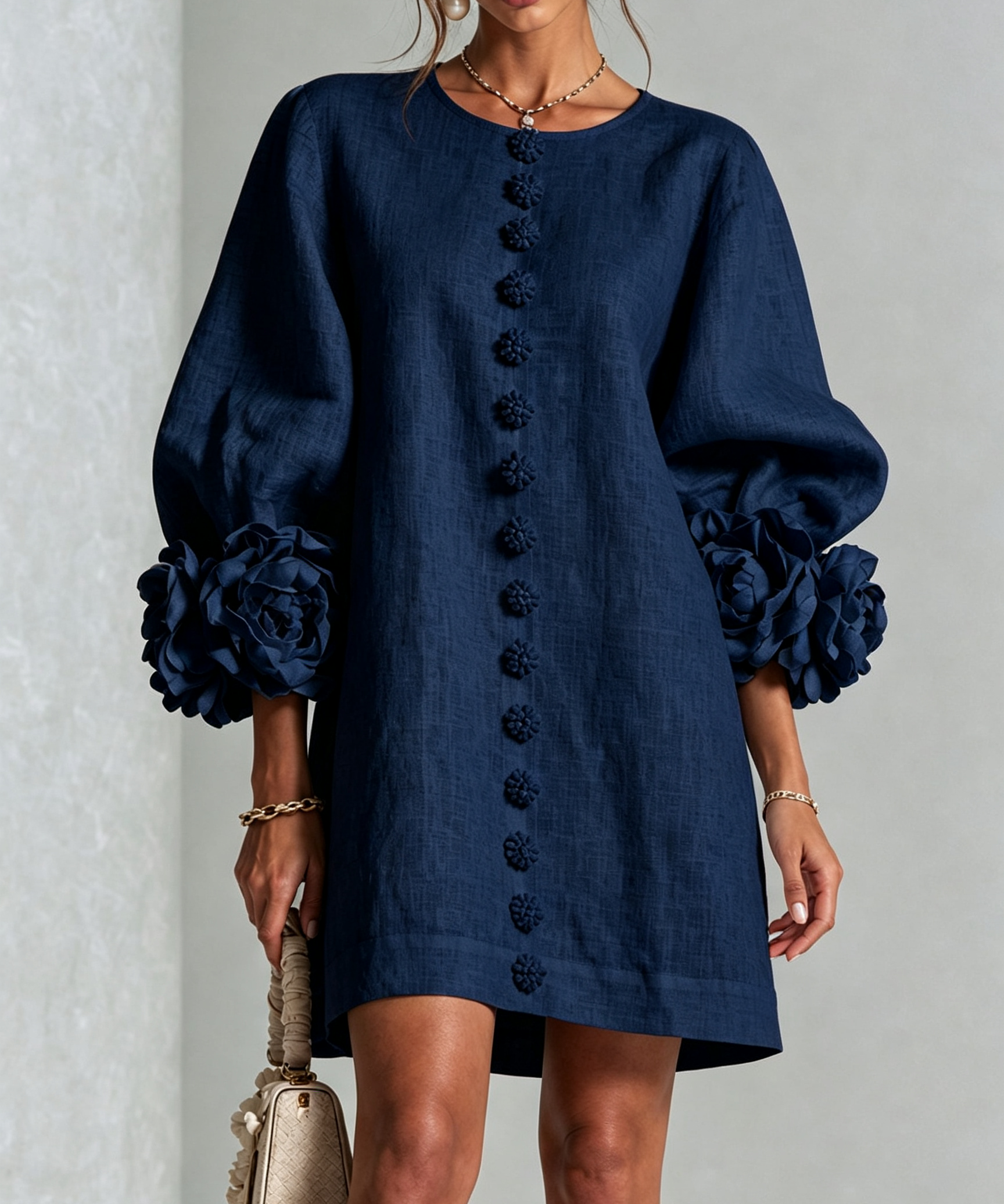 White Floral Button-down Mini Dress With Striking Floral Cuffs