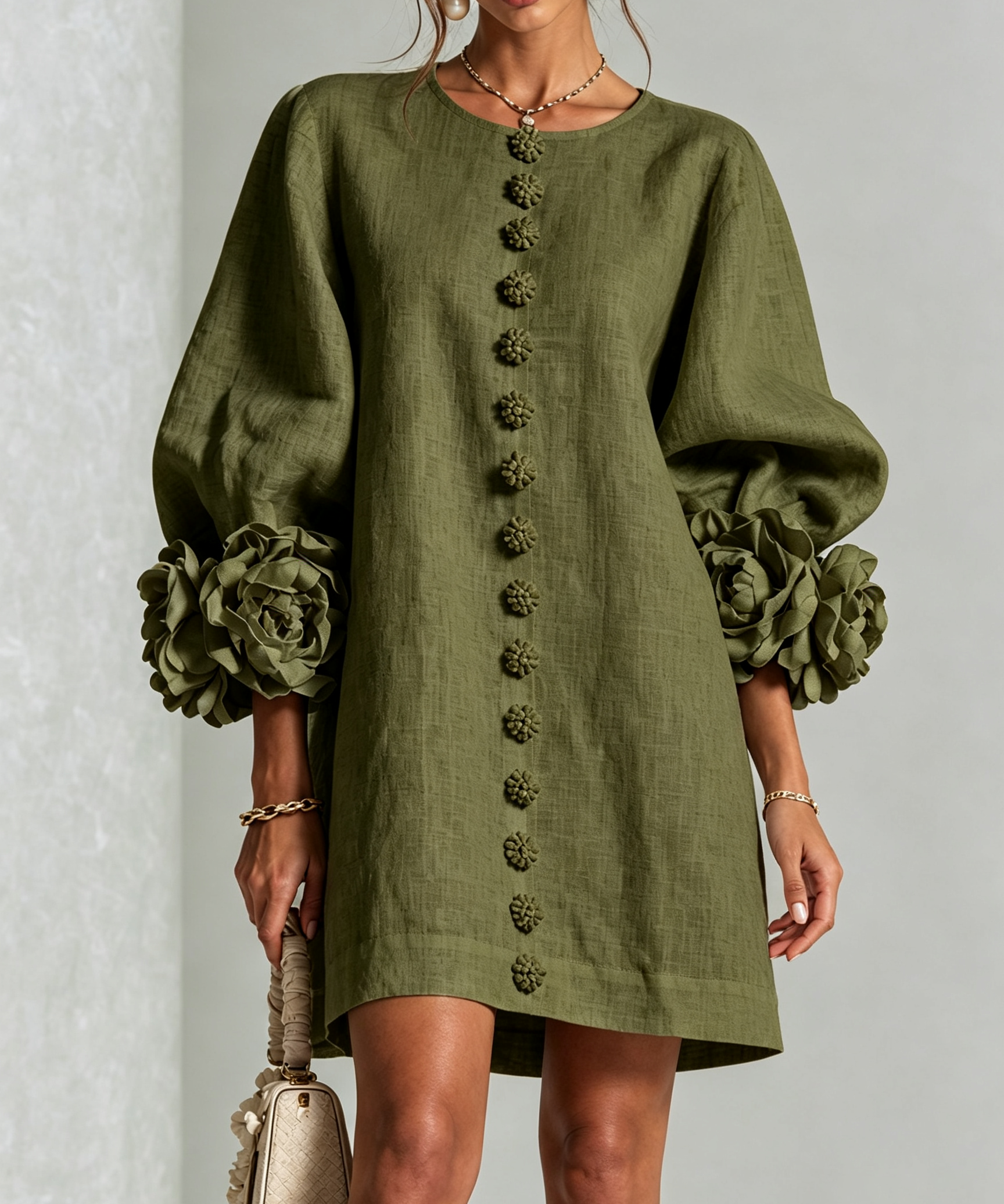 White Floral Button-down Mini Dress With Striking Floral Cuffs