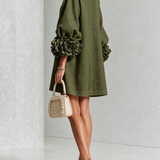 White Floral Button-down Mini Dress With Striking Floral Cuffs