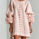 White Floral Button-down Mini Dress With Striking Floral Cuffs