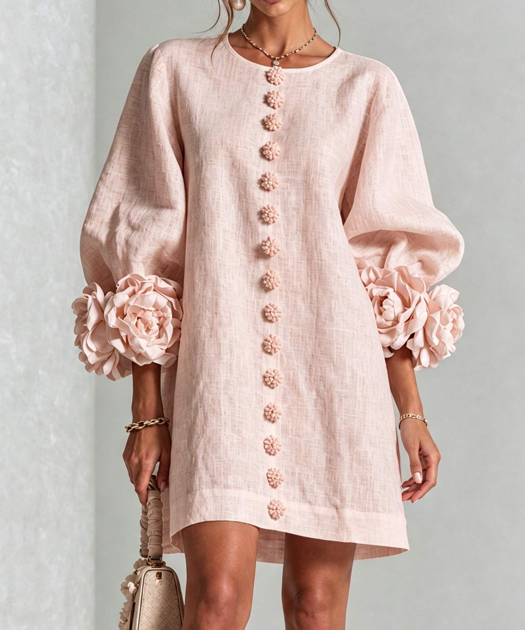 White Floral Button-down Mini Dress With Striking Floral Cuffs