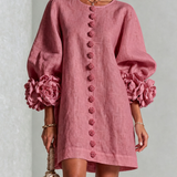 White Floral Button-down Mini Dress With Striking Floral Cuffs