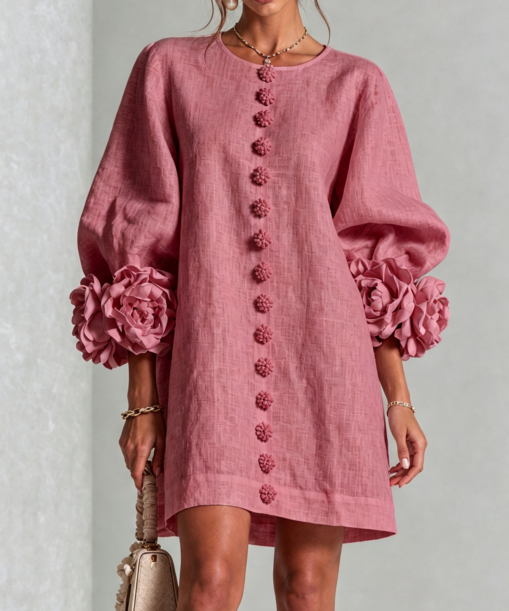 White Floral Button-down Mini Dress With Striking Floral Cuffs