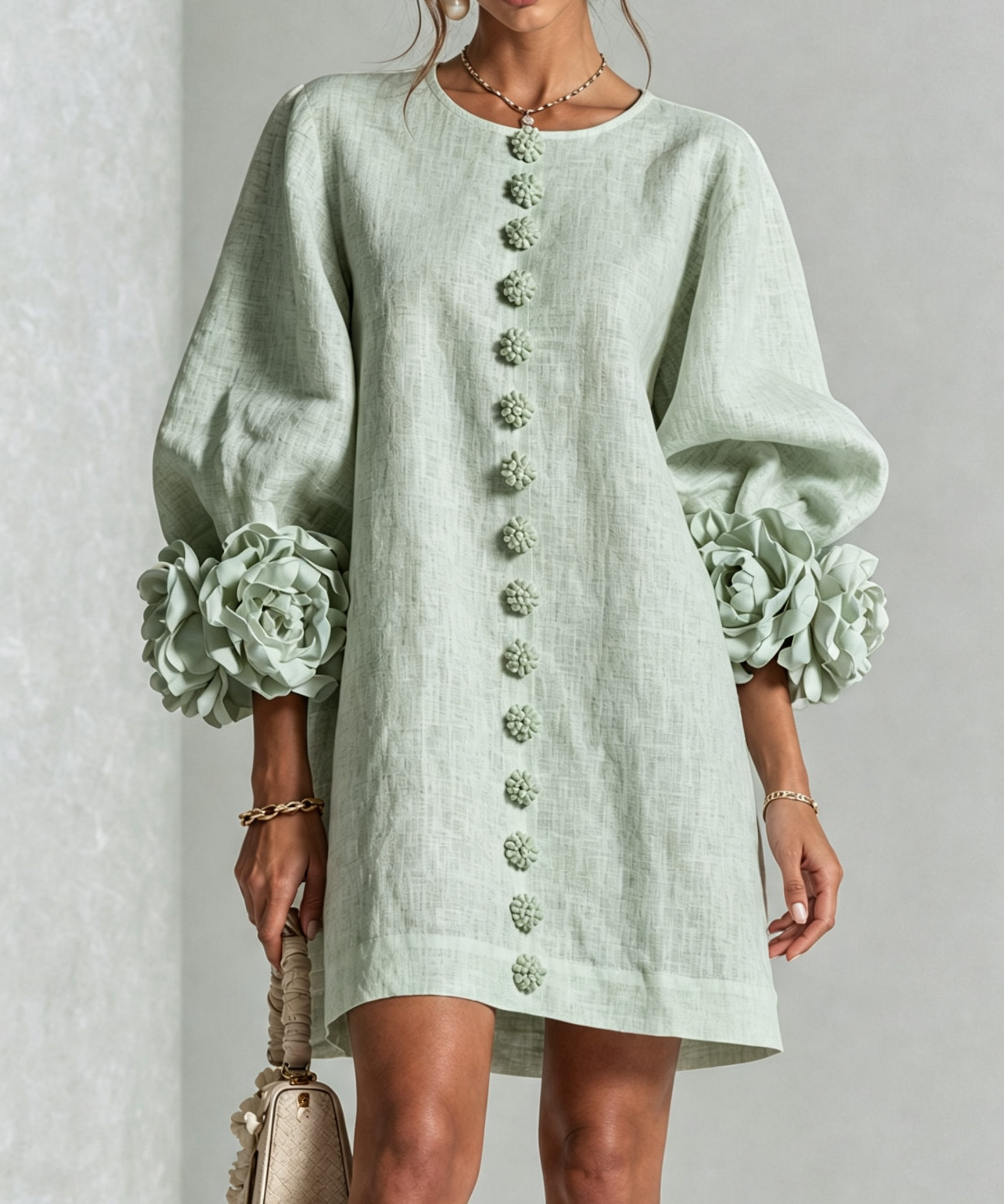 White Floral Button-down Mini Dress With Striking Floral Cuffs