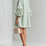 White Floral Button-down Mini Dress With Striking Floral Cuffs