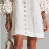 White Floral Button-down Mini Dress With Striking Floral Cuffs