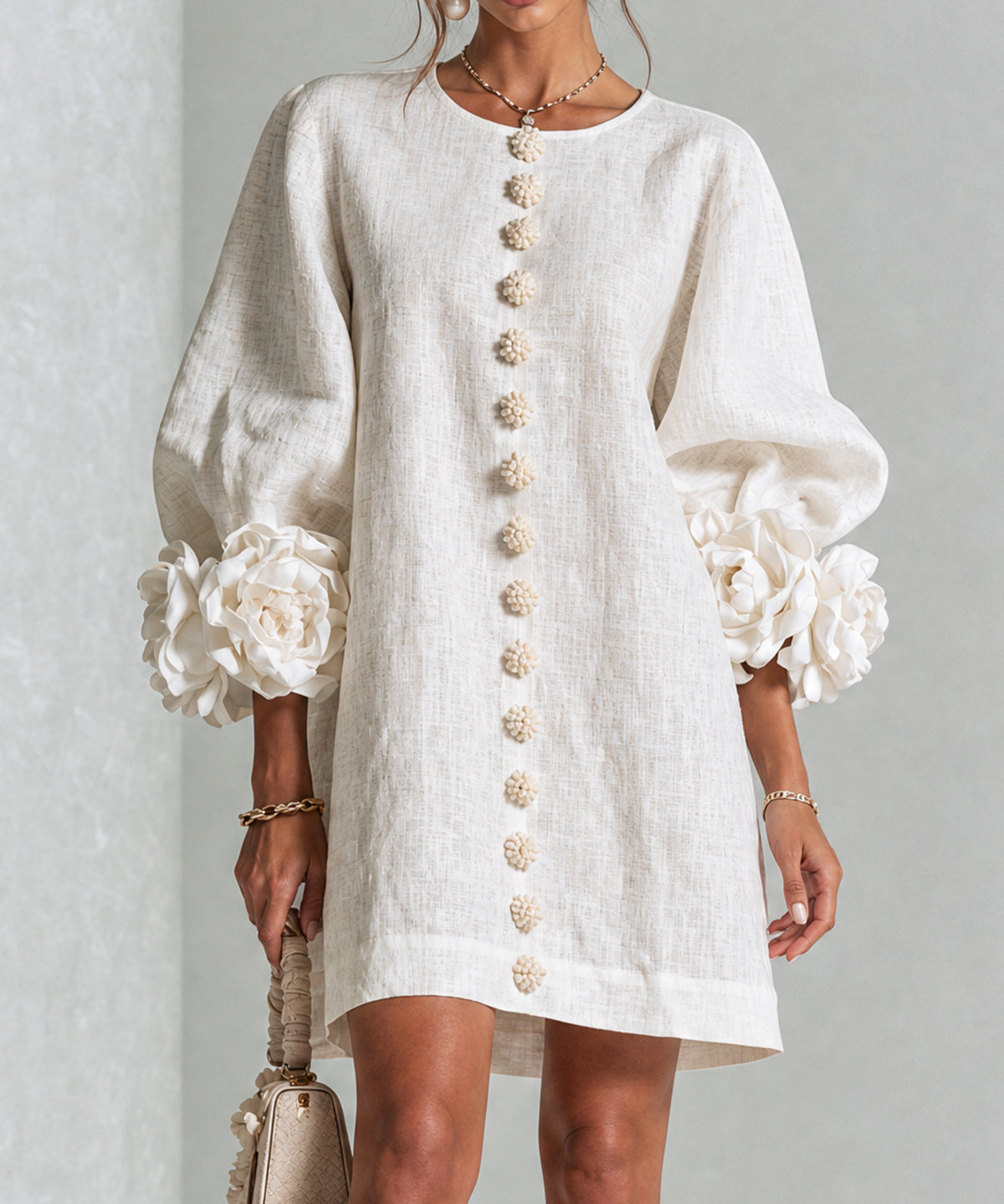 White Floral Button-down Mini Dress With Striking Floral Cuffs