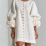 White Floral Button-down Mini Dress With Striking Floral Cuffs