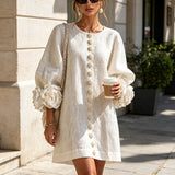 White Floral Button-down Mini Dress With Striking Floral Cuffs