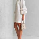 White Floral Button-down Mini Dress With Striking Floral Cuffs